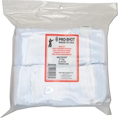 PRO-SHOT - NETTOYAGE - PATCH COTON - CAL. 12 - CAL. 16 - 3" SQ. - X500 - 3-500